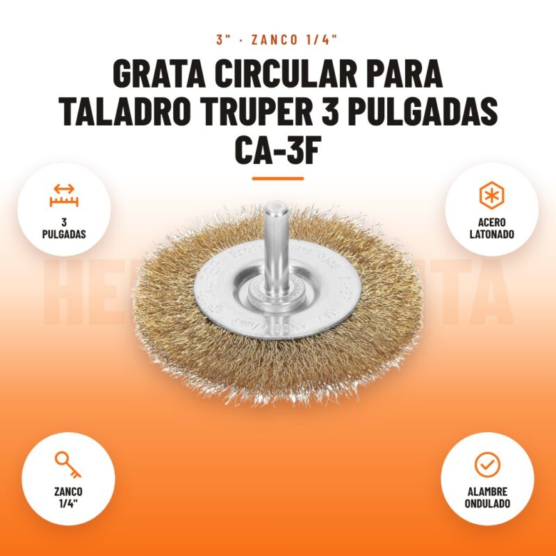 Grata circular para taladro Truper 3 pulgadas CA-3F: imagen promocional con 3 pulgadas, acero latonado, zanco 1/4", alambre ondulado