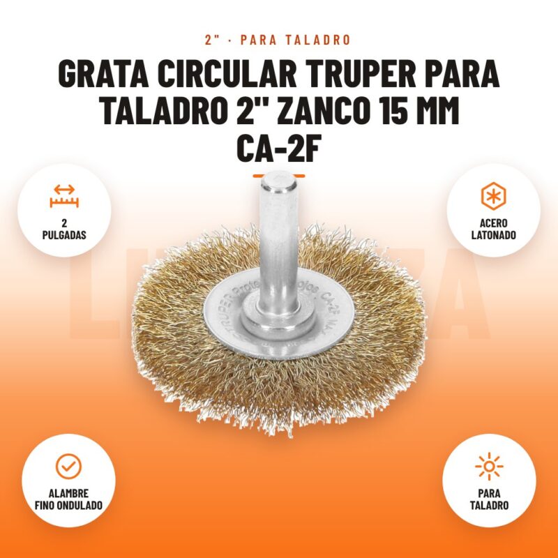 Grata circular Truper para taladro 2" zanco 15 mm CA-2F: imagen promocional con 2 pulgadas, acero latonado, alambre fino ondulado, para taladro