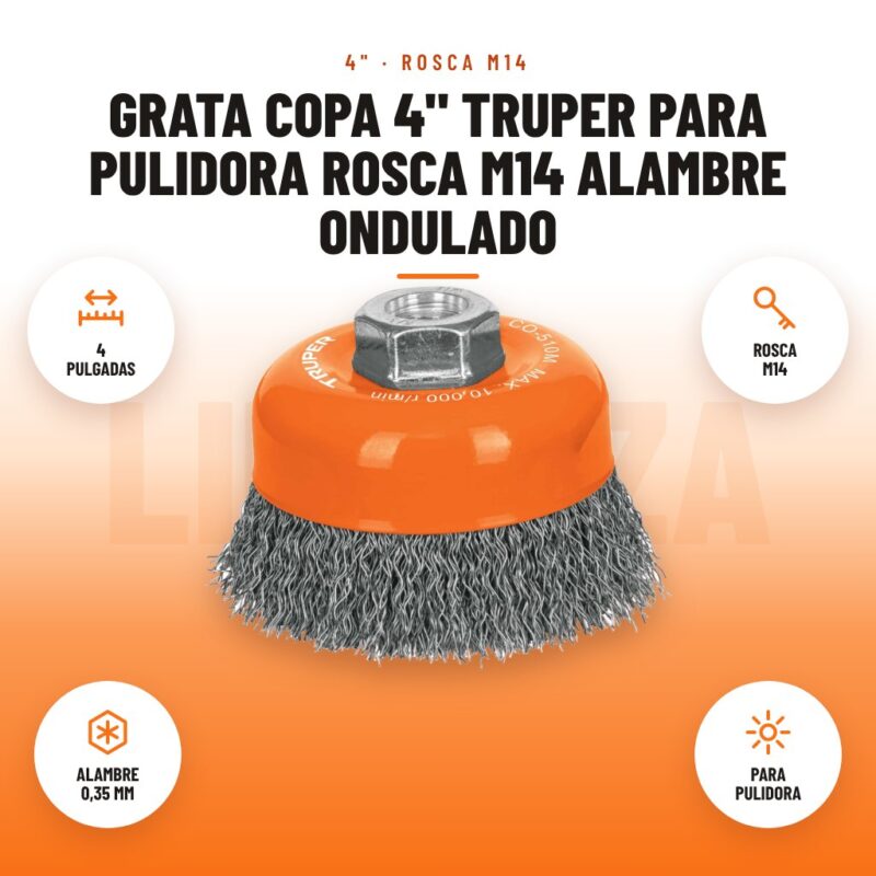 Grata copa 4" Truper para pulidora rosca M14 alambre ondulado: imagen promocional con 4 pulgadas, rosca m14, alambre 0,35 mm, para pulidora
