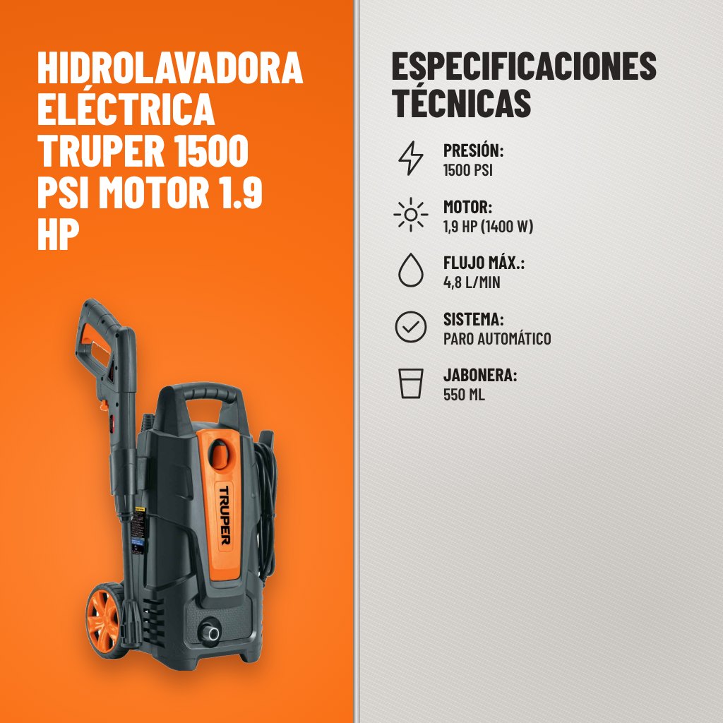 Especificaciones técnicas de Hidrolavadora Eléctrica Truper 1500 PSI Motor 1.9 HP