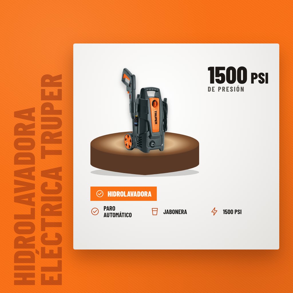 Hidrolavadora Eléctrica Truper 1500 PSI Motor 1.9 HP sobre soporte con sus beneficios principales