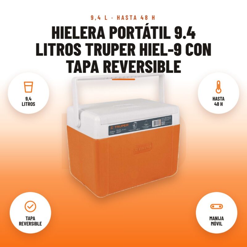 Hielera portátil 9.4 litros Truper HIEL-9 con tapa reversible: imagen promocional con 9,4 litros, hasta 48 h, tapa reversible, manija móvil