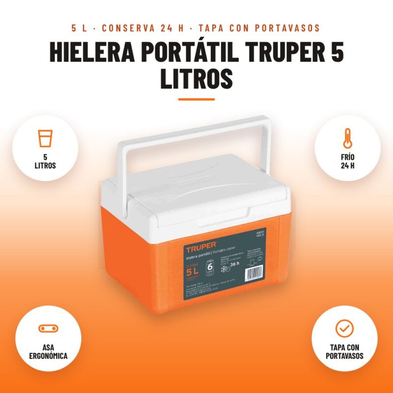 Hielera Portátil Truper 5 Litros: imagen promocional con 5 litros, frío 24 h, asa ergonómica, tapa con portavasos