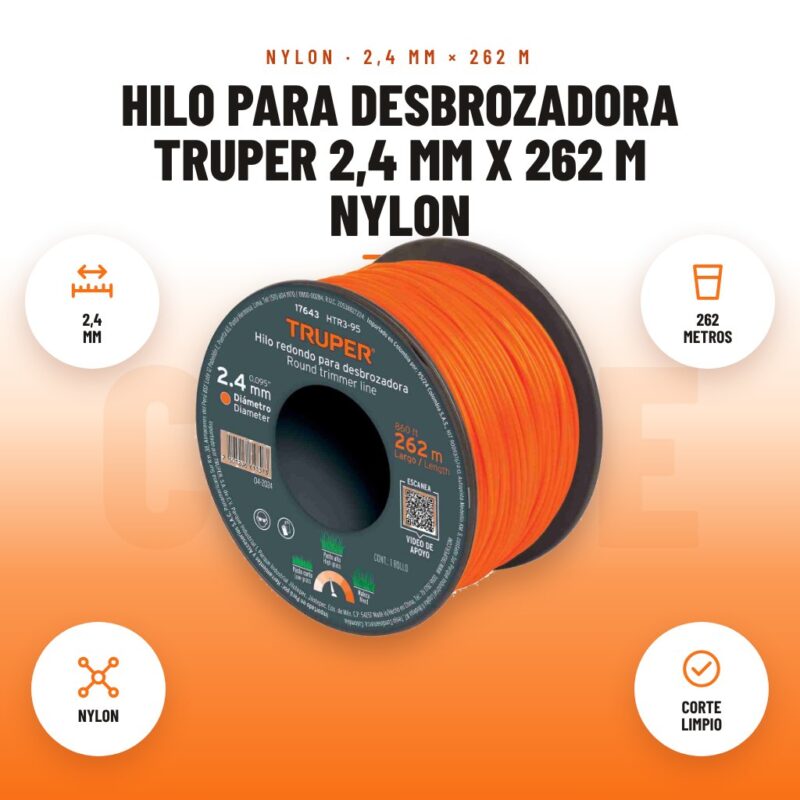 Hilo para Desbrozadora Truper 2,4 mm x 262 m Nylon: imagen promocional con 2,4 mm, 262 metros, nylon, corte limpio