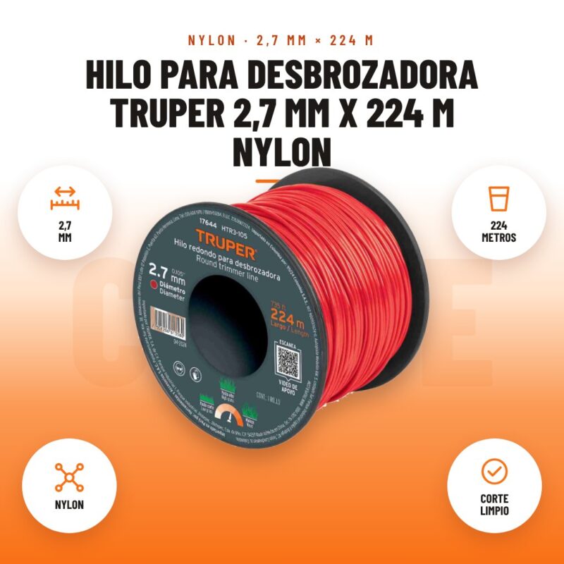 Hilo para Desbrozadora Truper 2,7 mm x 224 m Nylon: imagen promocional con 2,7 mm, 224 metros, nylon, corte limpio
