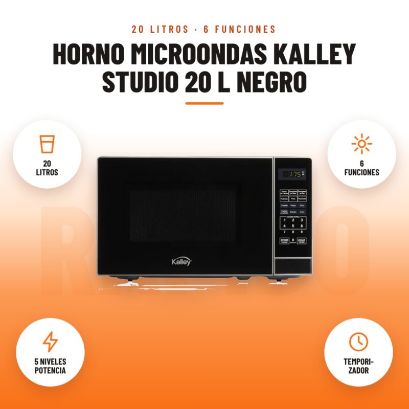 Horno Microondas Kalley Studio 20 L Negro: imagen promocional con 20 litros, 6 funciones, 5 niveles potencia, tempori- zador