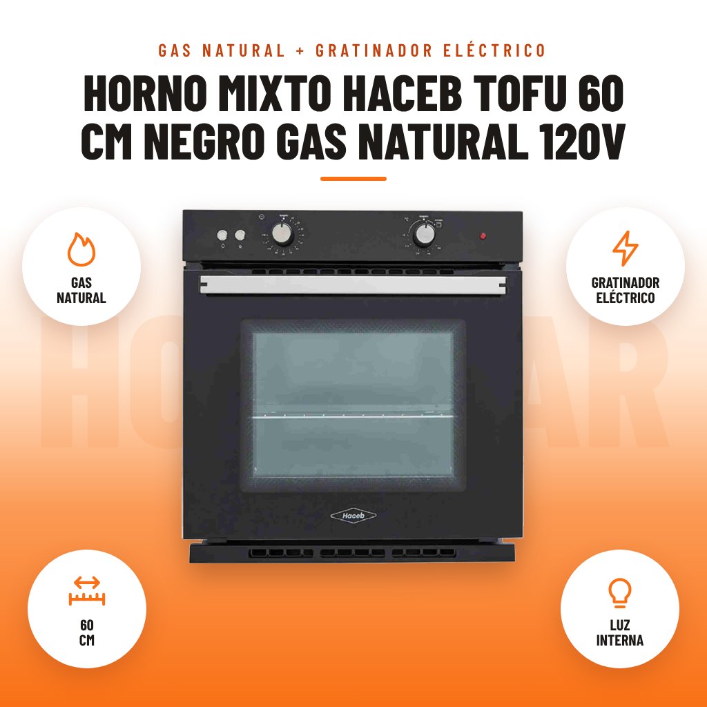 Horno Mixto Haceb Tofu 60 cm Negro Gas Natural 120V: imagen promocional con gas natural, gratinador eléctrico, 60 cm, luz interna