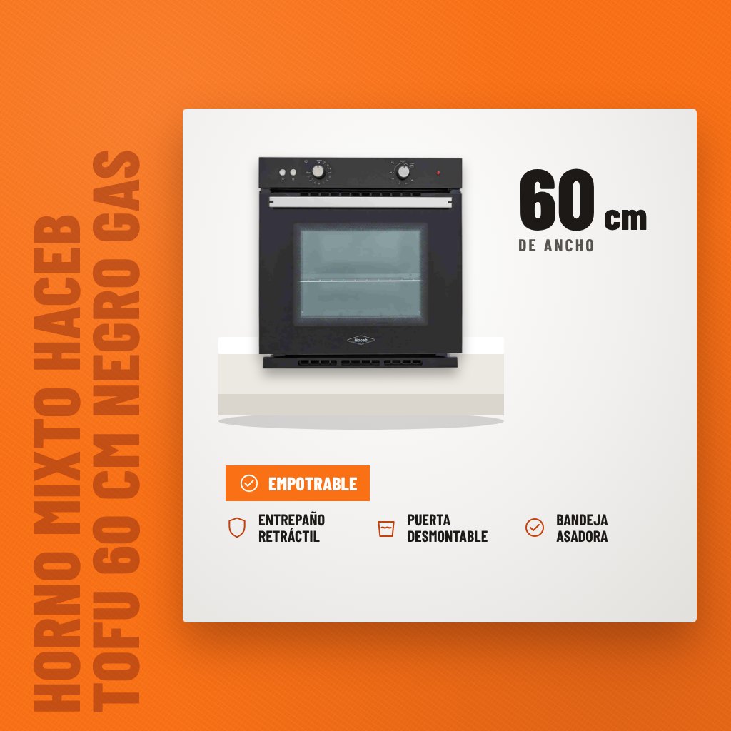 Horno Mixto Haceb Tofu 60 cm Negro Gas Natural 120V sobre soporte con sus beneficios principales