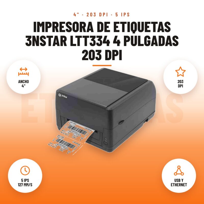 Impresora de Etiquetas 3nStar LTT334 4 Pulgadas 203 dpi: imagen promocional con ancho 4", 203 dpi, 5 ips 127 mm/s, usb y ethernet