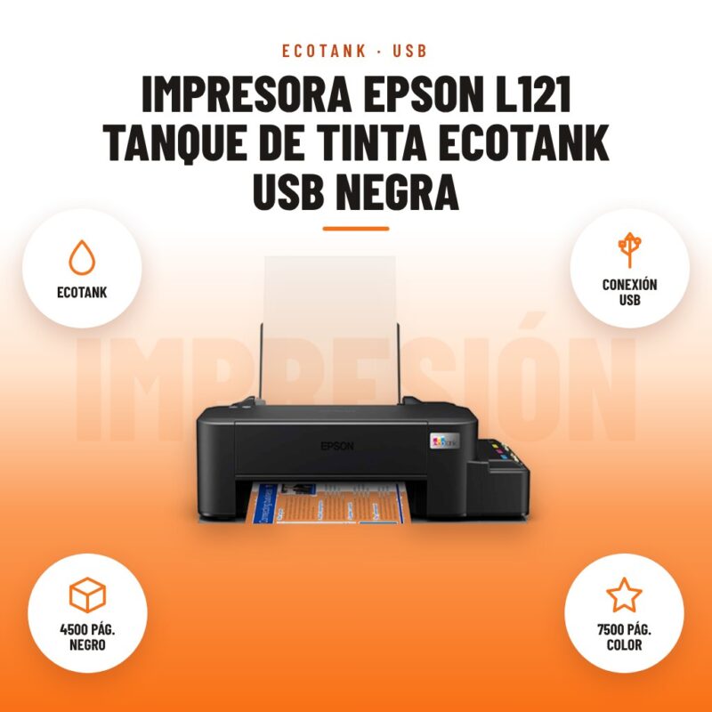 Impresora Epson L121 Tanque de Tinta EcoTank USB Negra: imagen promocional con ecotank, conexión usb, 4500 pág. negro, 7500 pág. color