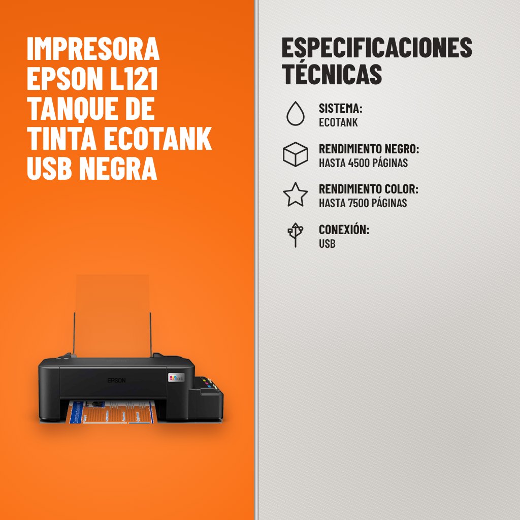 Especificaciones técnicas de Impresora Epson L121 Tanque de Tinta EcoTank USB Negra