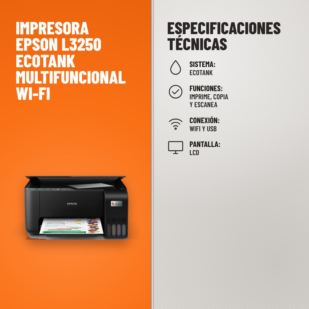 Especificaciones técnicas de Impresora Epson L3250 EcoTank Multifuncional Wi-Fi