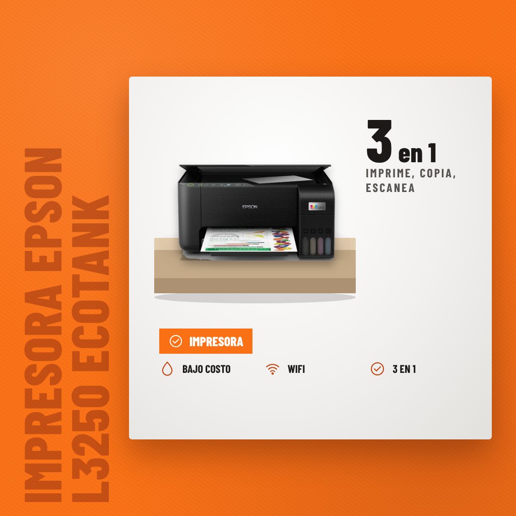 Impresora Epson L3250 EcoTank Multifuncional Wi-Fi sobre soporte con sus beneficios principales