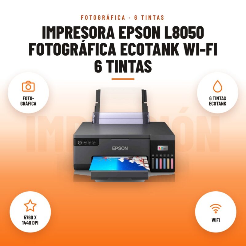 Impresora Epson L8050 Fotográfica EcoTank Wi-Fi 6 Tintas: imagen promocional con foto- gráfica, 6 tintas ecotank, 5760 x 1440 dpi, wifi