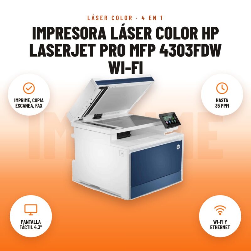 Impresora Láser Color HP LaserJet Pro MFP 4303fdw Wi-Fi: imagen promocional con imprime, copia escanea, fax, hasta 35 ppm, pantalla táctil 4.3", wi-fi y ethernet