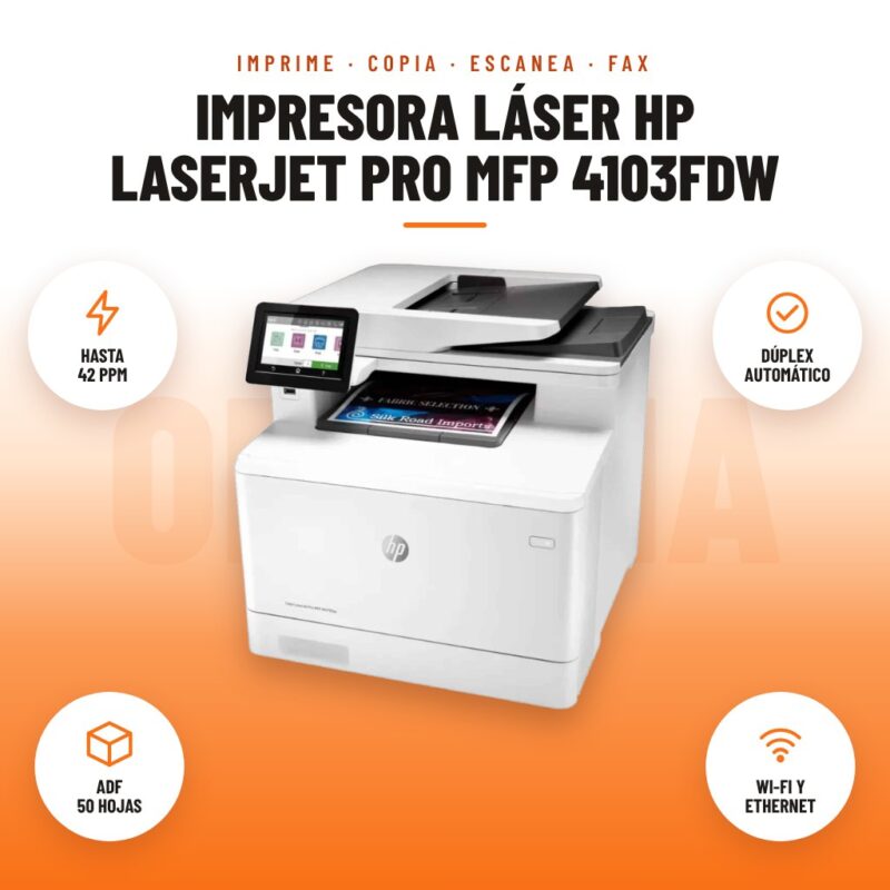 Impresora Láser HP LaserJet Pro MFP 4103fdw: imagen promocional con hasta 42 ppm, dúplex automático, adf 50 hojas, wi-fi y ethernet