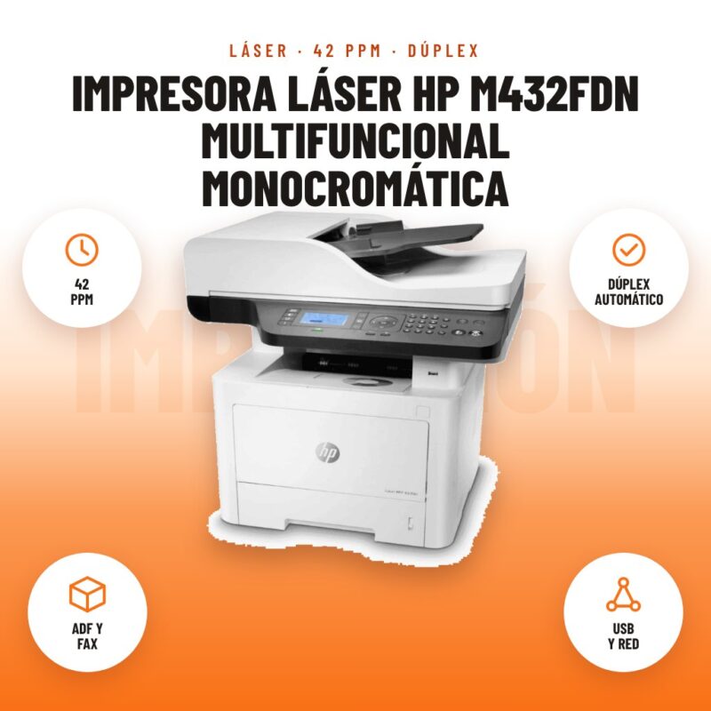 Impresora Láser HP M432FDN Multifuncional Monocromática: imagen promocional con 42 ppm, dúplex automático, adf y fax, usb y red