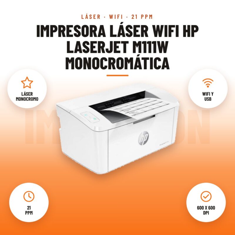 Impresora Láser WiFi HP LaserJet M111w Monocromática: imagen promocional con láser monocromo, wifi y usb, 21 ppm, 600 x 600 dpi