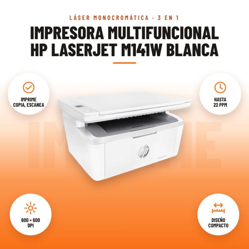Impresora Multifuncional HP LaserJet M141w Blanca: imagen promocional con imprime copia, escanea, hasta 22 ppm, 600 × 600 dpi, diseño compacto