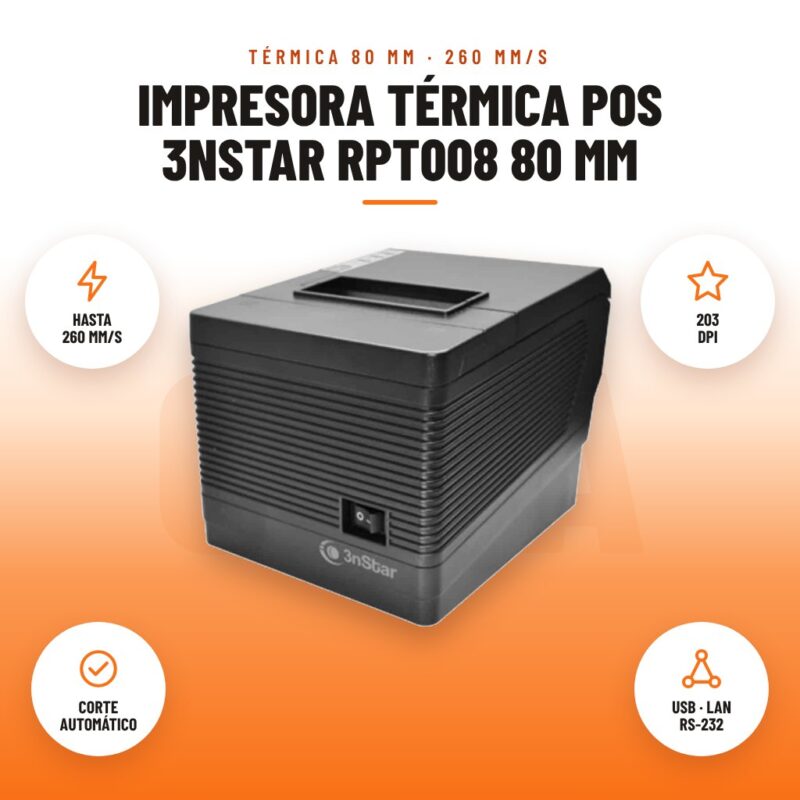 Impresora Térmica POS 3nStar RPT008 80 mm: imagen promocional con hasta 260 mm/s, 203 dpi, corte automático, usb · lan rs-232
