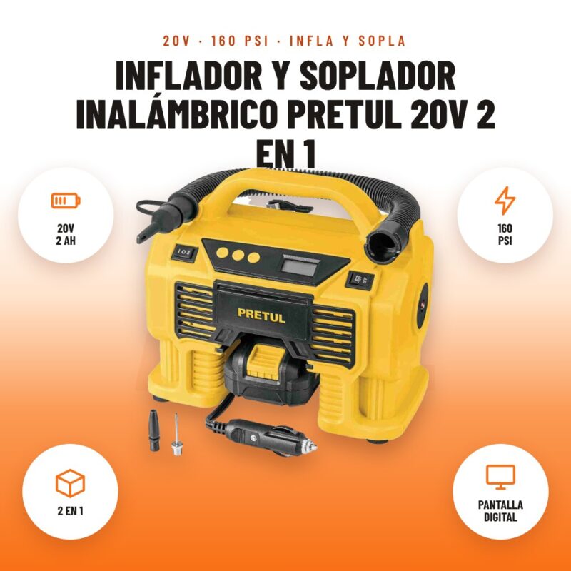 Inflador y Soplador Inalámbrico Pretul 20V 2 en 1: imagen promocional con 20v 2 ah, 160 psi, 2 en 1, pantalla digital