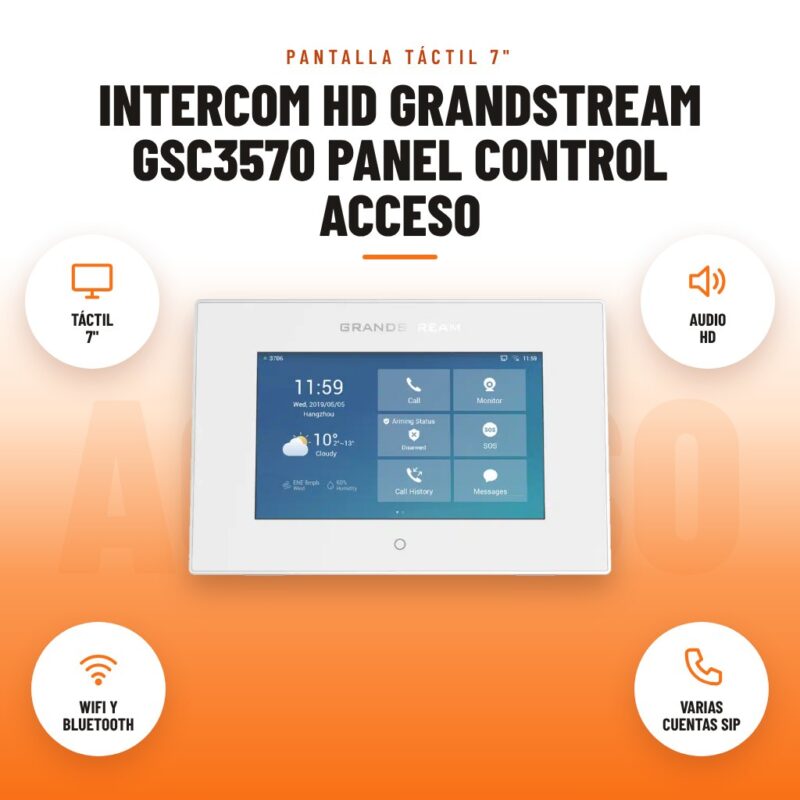 Intercom HD Grandstream GSC3570 Panel Control Acceso: imagen promocional con táctil 7", audio hd, wifi y bluetooth, varias cuentas sip