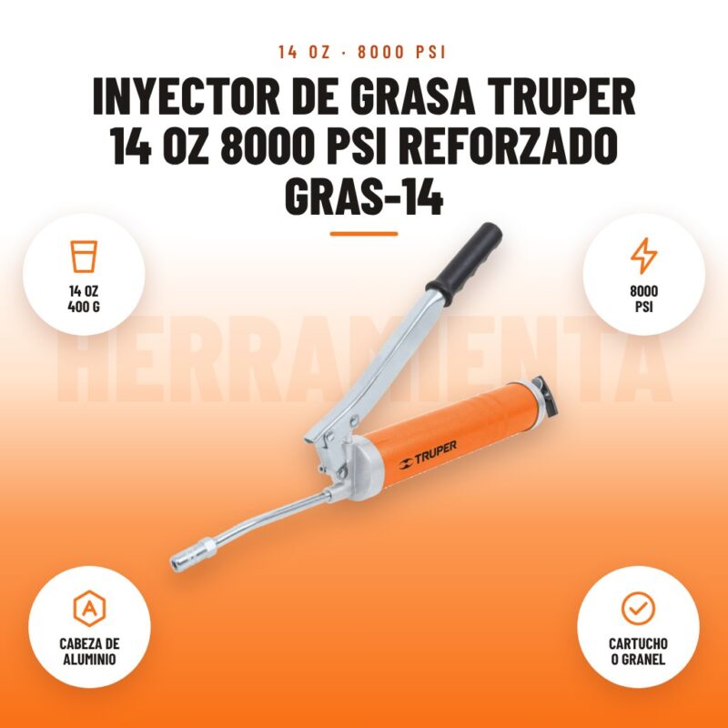 Inyector de grasa Truper 14 oz 8000 PSI reforzado GRAS-14: imagen promocional con 14 oz 400 g, 8000 psi, cabeza de aluminio, cartucho o granel