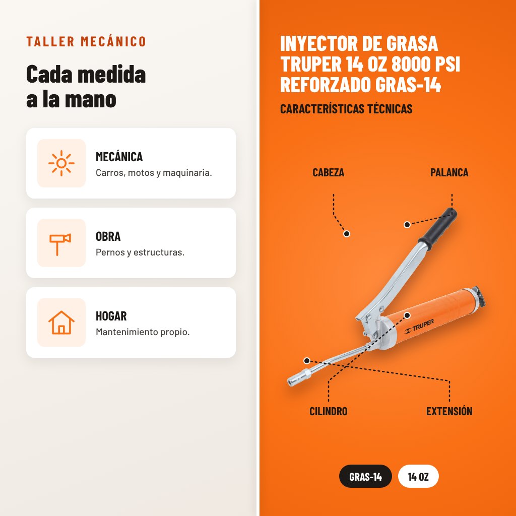 Inyector de grasa Truper 14 oz 8000 PSI reforzado GRAS-14: usos y características técnicas señaladas