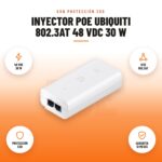 Inyector PoE Ubiquiti 802.3at 48 VDC 30 W: imagen promocional con 48 vdc 30 w, ieee 802.3at, protección esd, garantía 12 meses
