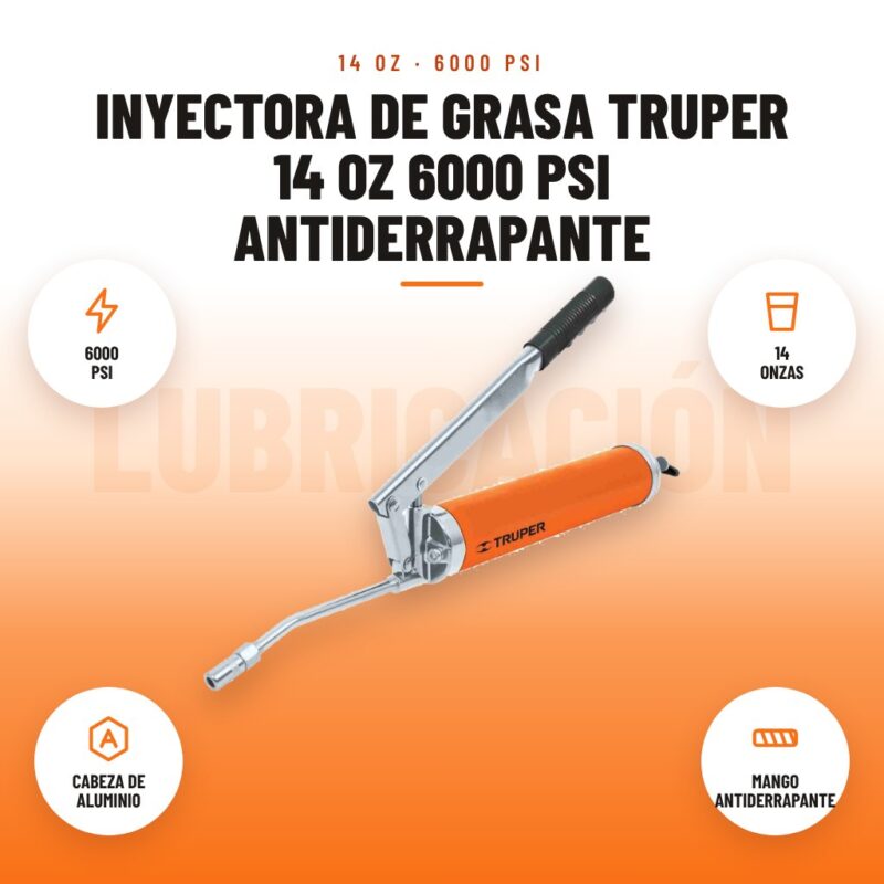 Inyectora de Grasa Truper 14 oz 6000 psi Antiderrapante: imagen promocional con 6000 psi, 14 onzas, cabeza de aluminio, mango antiderrapante