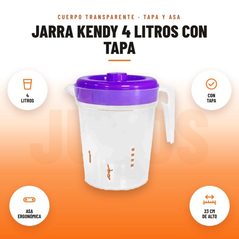 Jarra Kendy 4 Litros con Tapa: imagen promocional con 4 litros, con tapa, asa ergonómica, 23 cm de alto