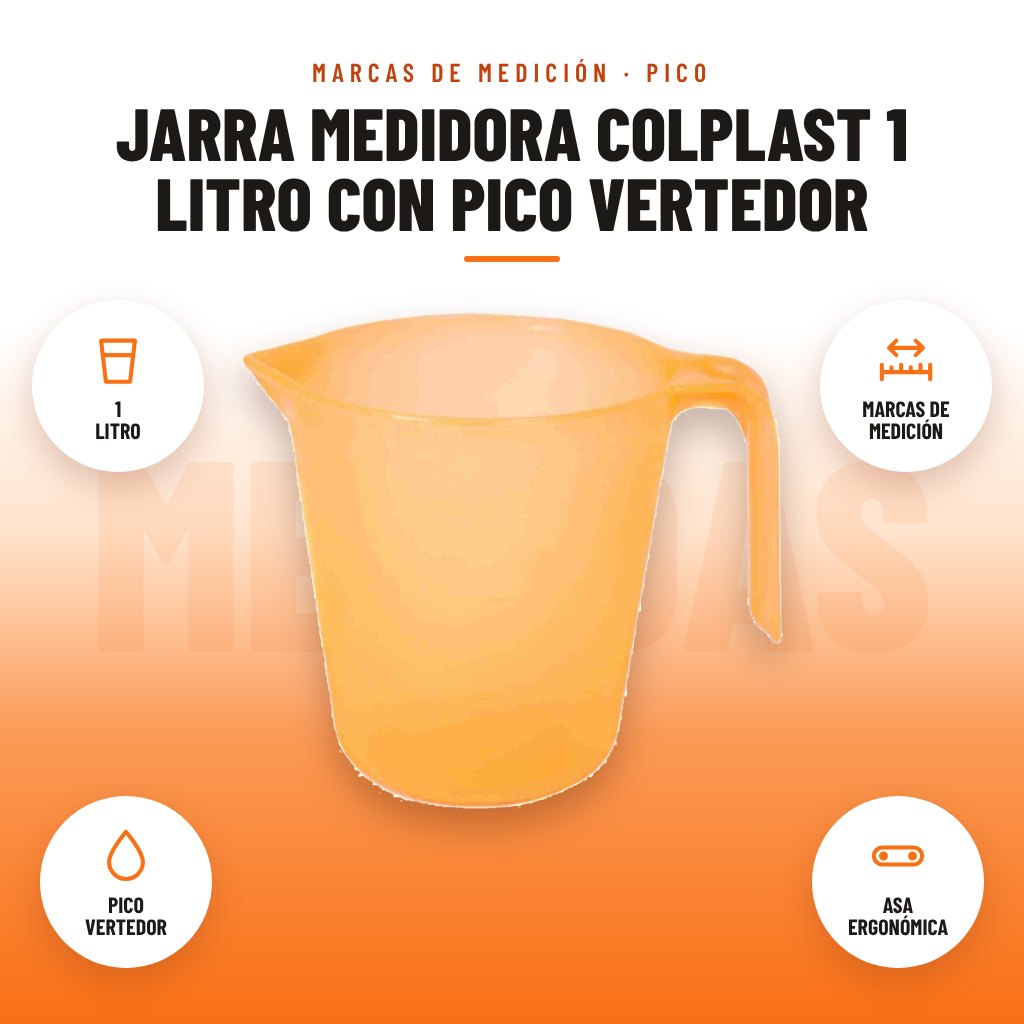 Jarra Medidora Colplast 1 Litro con Pico Vertedor: imagen promocional con 1 litro, marcas de medición, pico vertedor, asa ergonómica