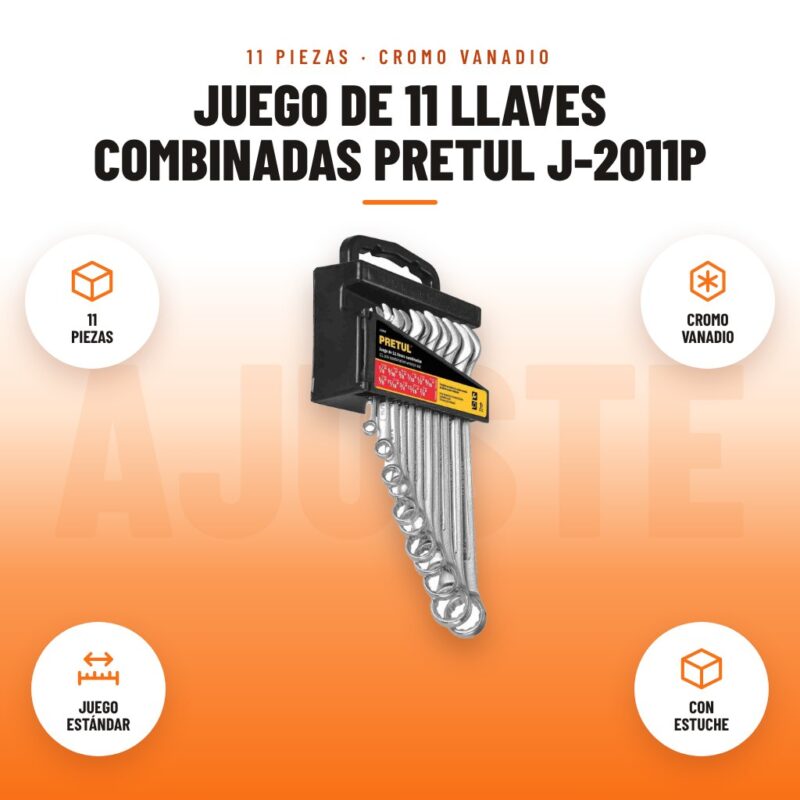 Juego de 11 Llaves Combinadas Pretul J-2011P: imagen promocional con 11 piezas, cromo vanadio, juego estándar, con estuche