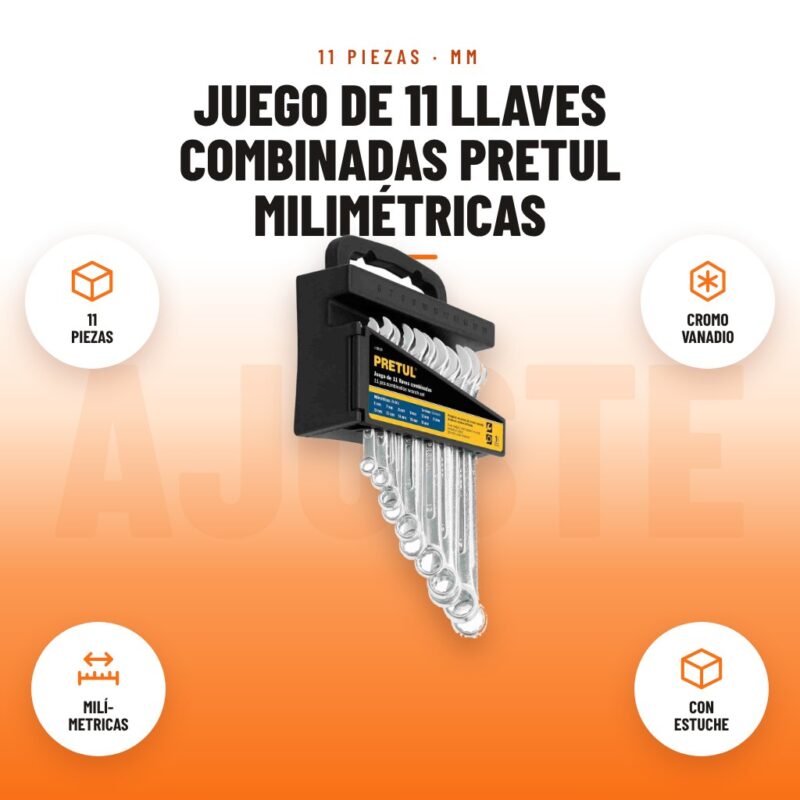 Juego de 11 Llaves Combinadas Pretul Milimétricas: imagen promocional con 11 piezas, cromo vanadio, milí- metricas, con estuche