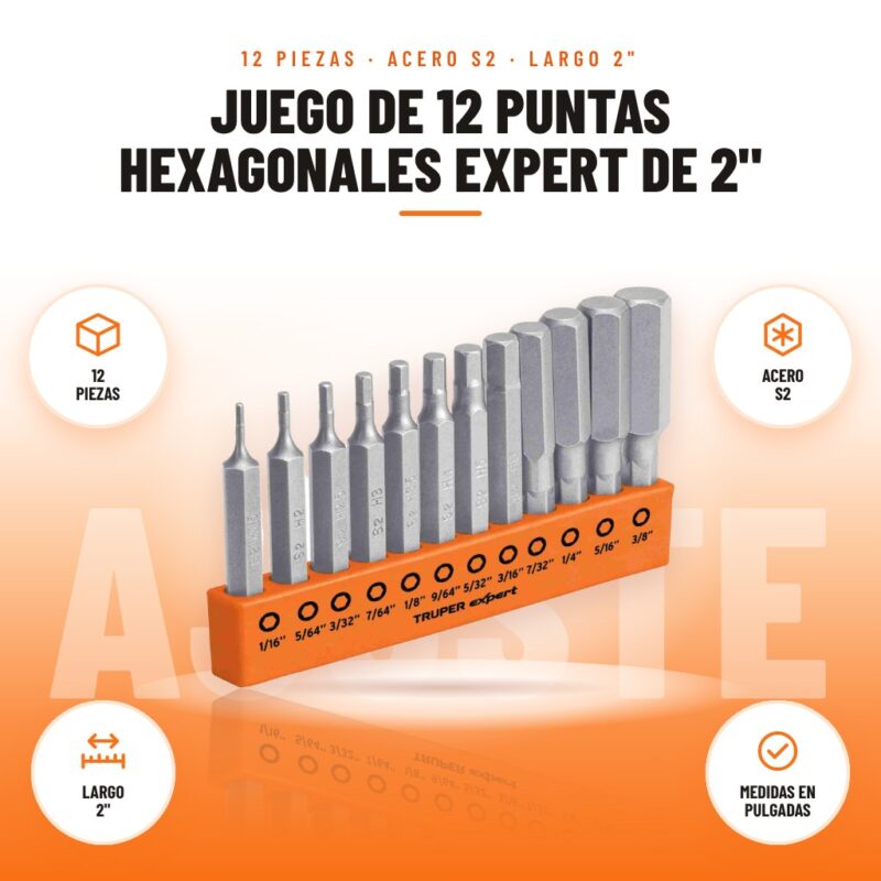 Juego de 12 Puntas Hexagonales Expert de 2": imagen promocional con 12 piezas, acero s2, largo 2", medidas en pulgadas