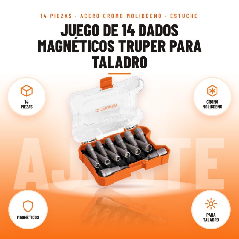 Juego de 14 Dados Magnéticos Truper para Taladro: imagen promocional con 14 piezas, cromo molibdeno, magnéticos, para taladro
