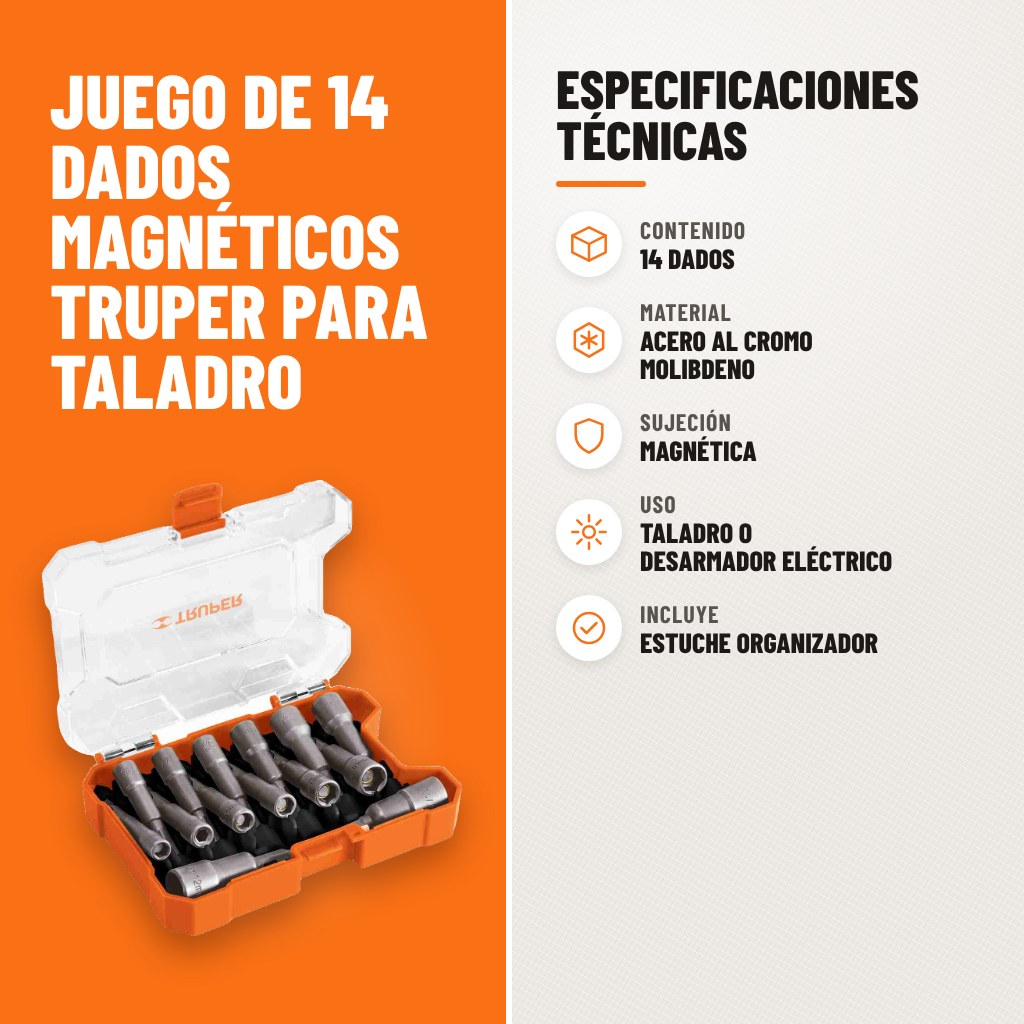 Especificaciones técnicas de Juego de 14 Dados Magnéticos Truper para Taladro