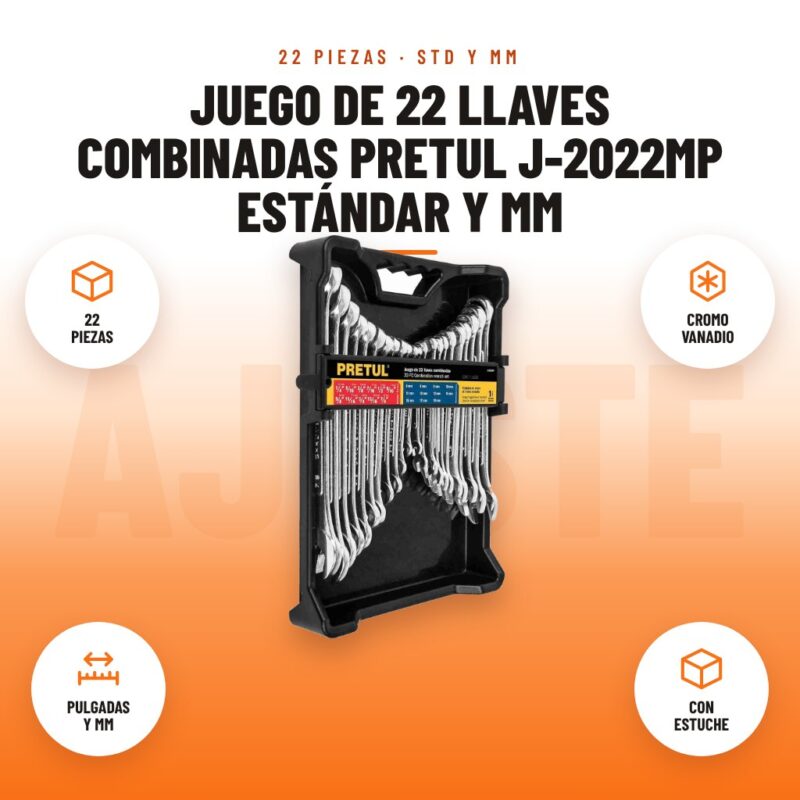 Juego de 22 Llaves Combinadas Pretul J-2022MP Estándar y mm: imagen promocional con 22 piezas, cromo vanadio, pulgadas y mm, con estuche