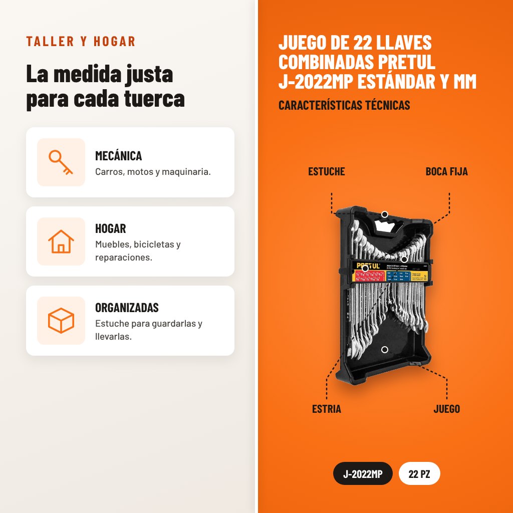 Juego de 22 Llaves Combinadas Pretul J-2022MP Estándar y mm: usos y características técnicas señaladas
