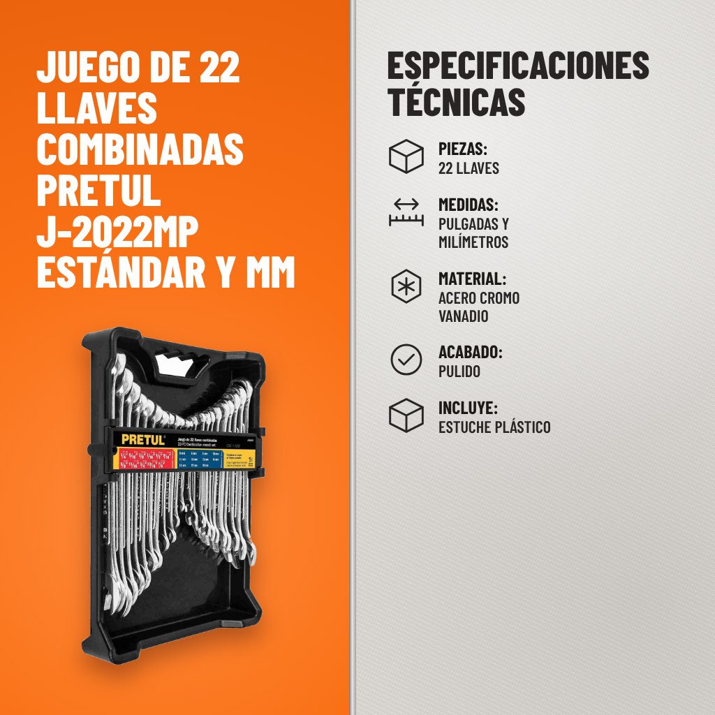 Especificaciones técnicas de Juego de 22 Llaves Combinadas Pretul J-2022MP Estándar y mm