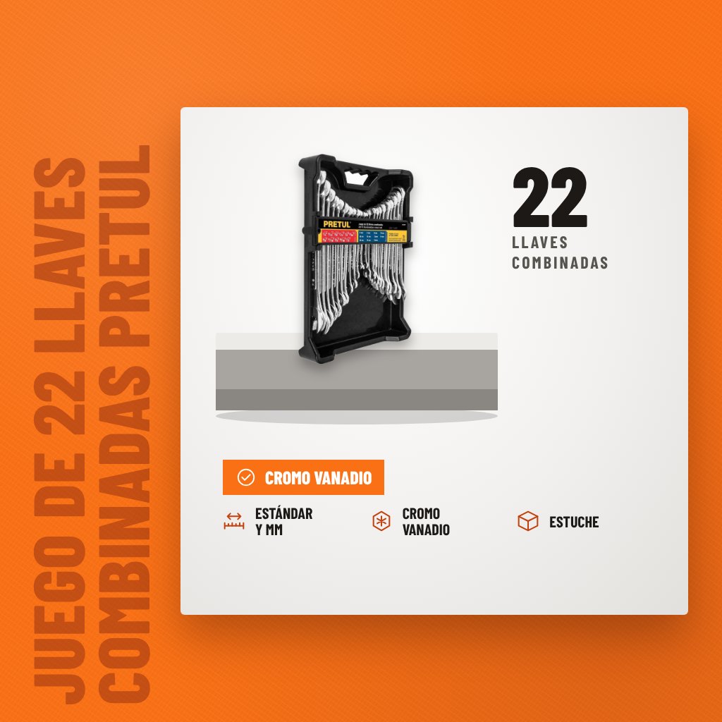 Juego de 22 Llaves Combinadas Pretul J-2022MP Estándar y mm sobre soporte con sus beneficios principales