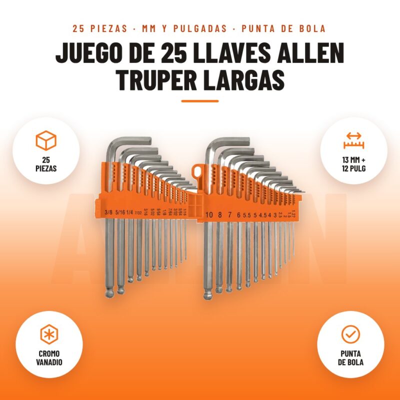 Juego de 25 Llaves Allen Truper Largas: imagen promocional con 25 piezas, 13 mm + 12 pulg, cromo vanadio, punta de bola
