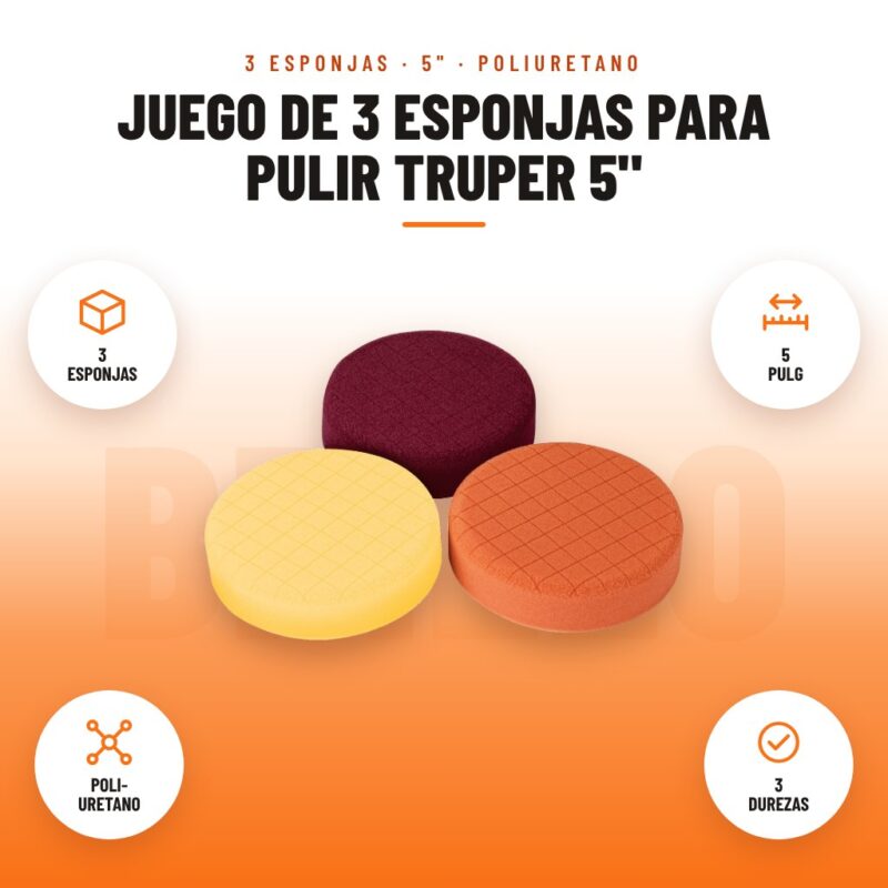 Juego de 3 Esponjas para Pulir Truper 5": imagen promocional con 3 esponjas, 5 pulg, poli- uretano, 3 durezas