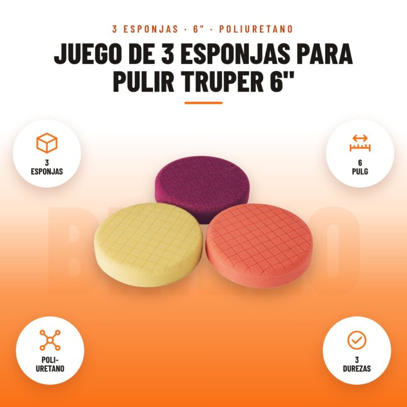 Juego de 3 Esponjas para Pulir Truper 6": imagen promocional con 3 esponjas, 6 pulg, poli- uretano, 3 durezas