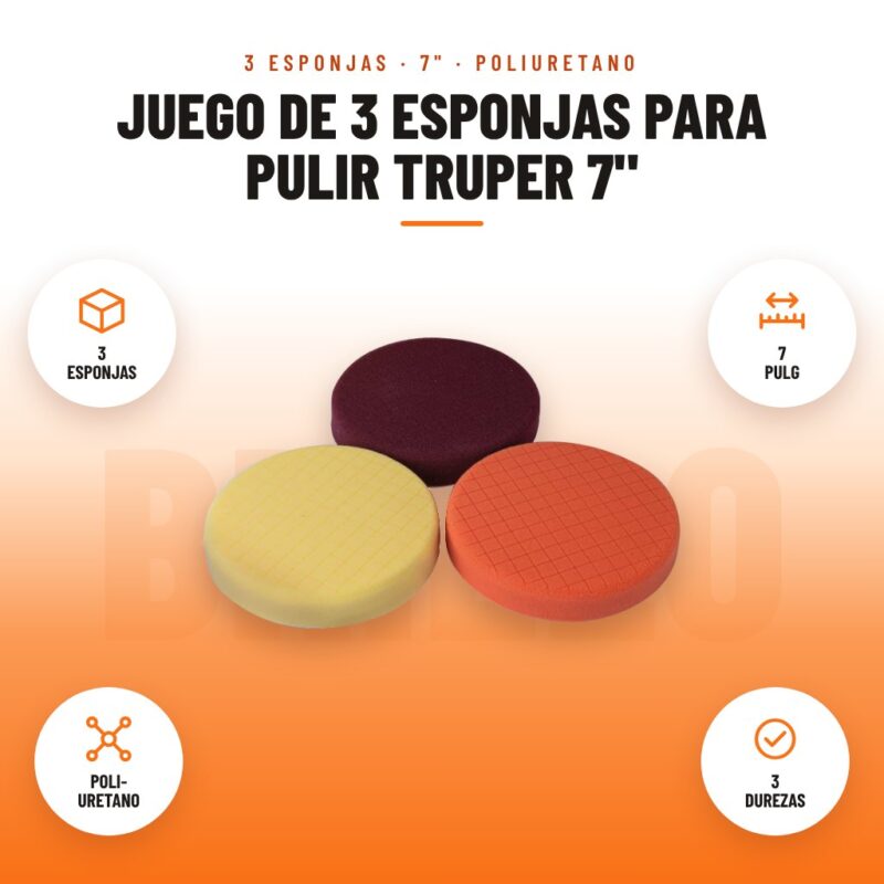 Juego de 3 Esponjas para Pulir Truper 7": imagen promocional con 3 esponjas, 7 pulg, poli- uretano, 3 durezas