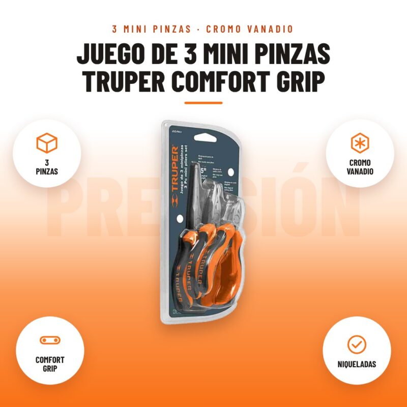 Juego de 3 Mini Pinzas Truper Comfort Grip: imagen promocional con 3 pinzas, cromo vanadio, comfort grip, niqueladas