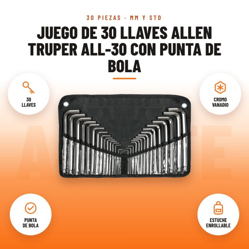 Juego de 30 Llaves Allen Truper ALL-30 con Punta de Bola: imagen promocional con 30 llaves, cromo vanadio, punta de bola, estuche enrollable