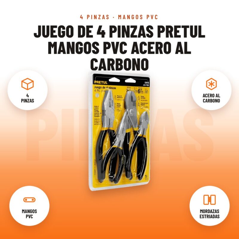 Juego de 4 Pinzas Pretul Mangos PVC Acero al Carbono: imagen promocional con 4 pinzas, acero al carbono, mangos pvc, mordazas estriadas