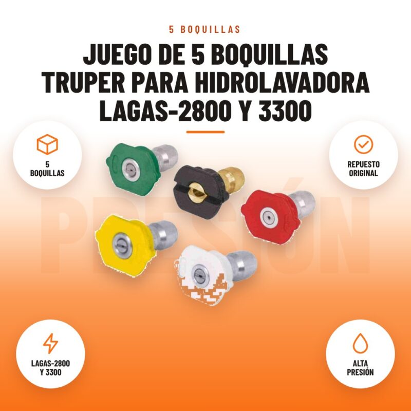 Juego de 5 Boquillas Truper para Hidrolavadora LAGAS-2800 y 3300: imagen promocional con 5 boquillas, repuesto original, lagas-2800 y 3300, alta presión