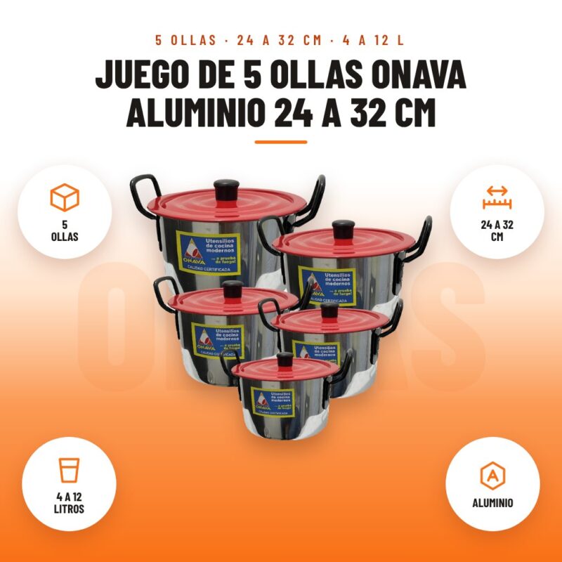 Juego de 5 Ollas Onava Aluminio 24 a 32 cm: imagen promocional con 5 ollas, 24 a 32 cm, 4 a 12 litros, aluminio